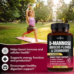 New Age D-Mannose capsule close-up showing 1000mg per serving feature.