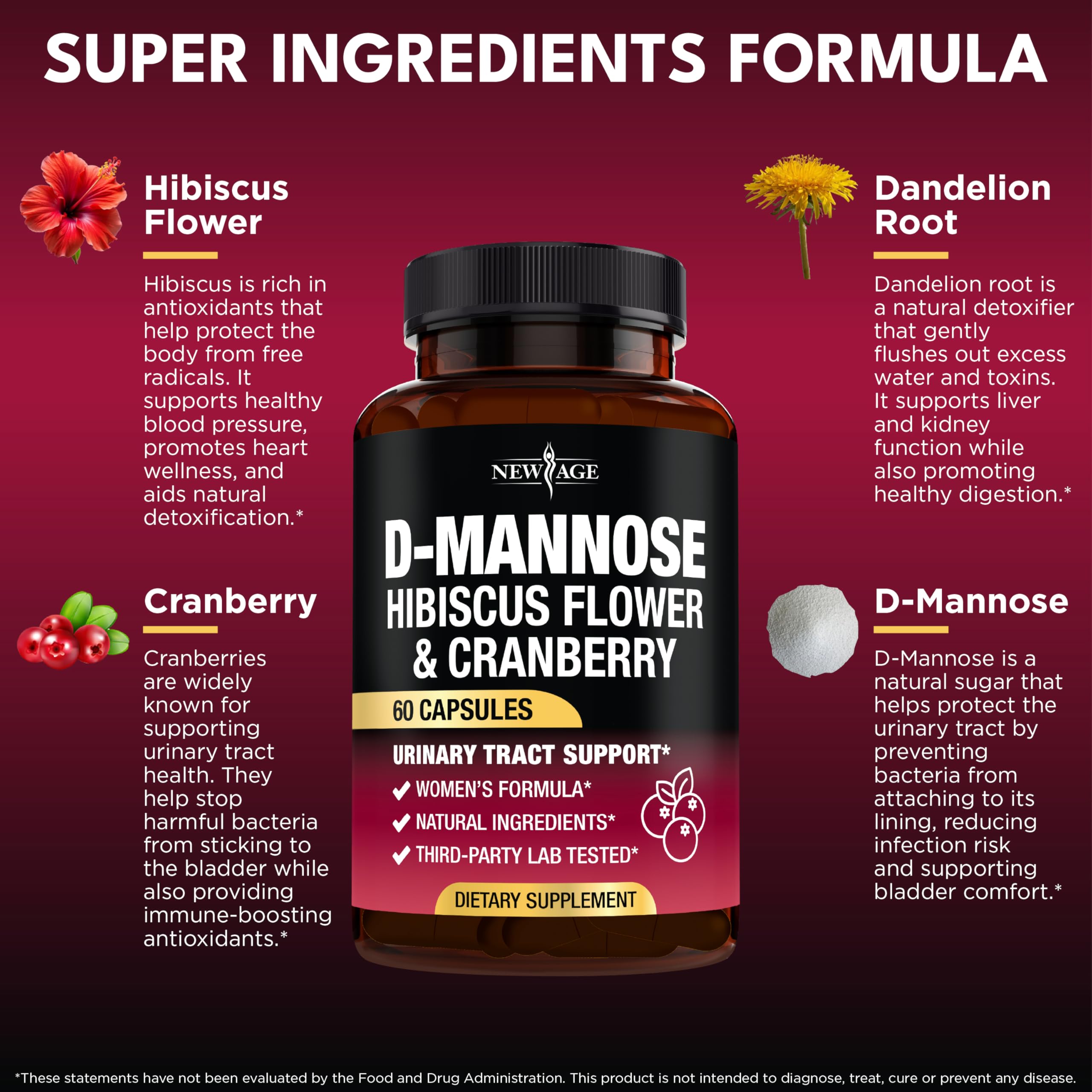 New Age D-Mannose capsules close-up emphasizing cranberry and hibiscus blend.