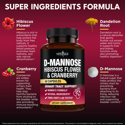New Age D-Mannose capsules close-up emphasizing cranberry and hibiscus blend.