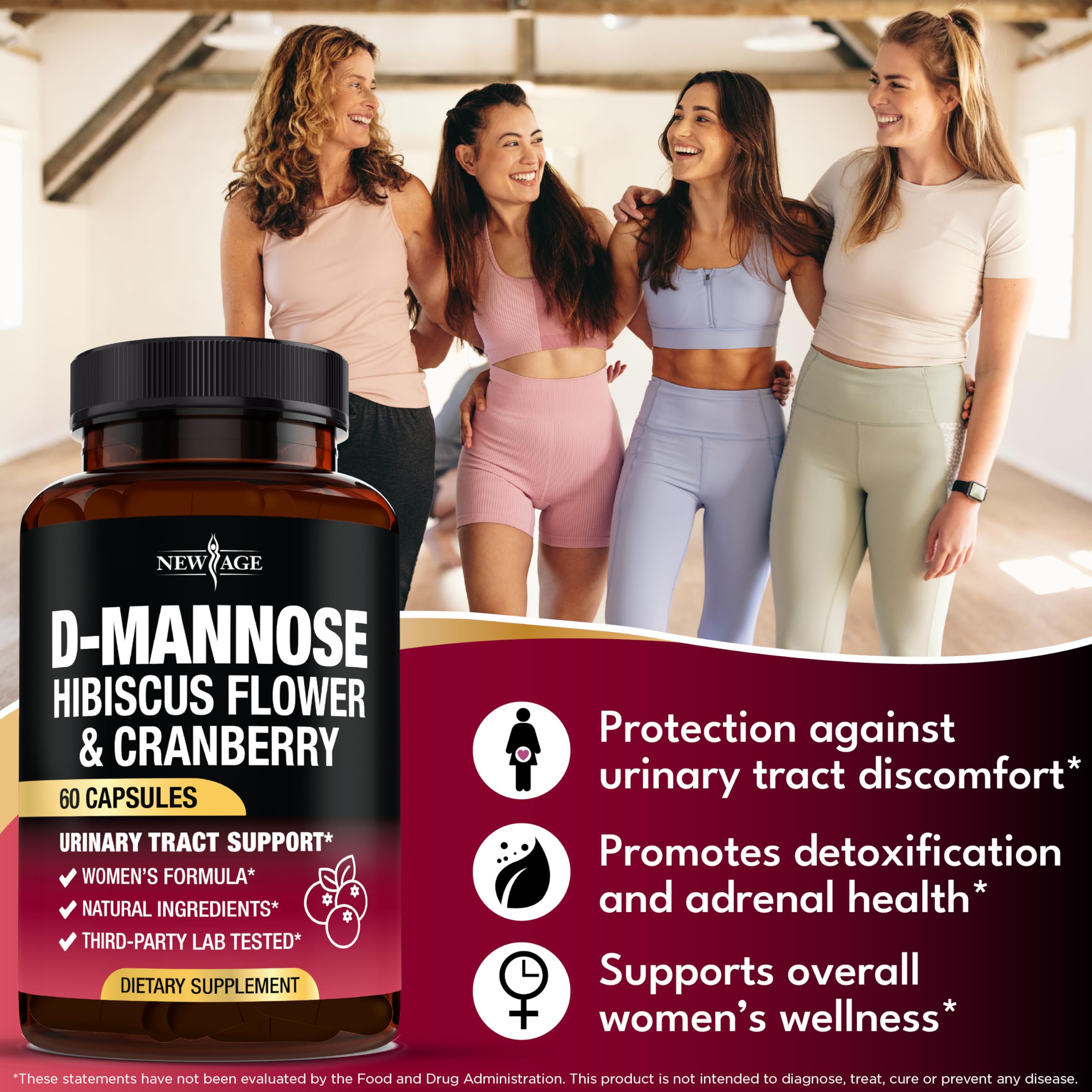 New Age D-Mannose label on packaging highlights vegan, non-GMO ingredients.