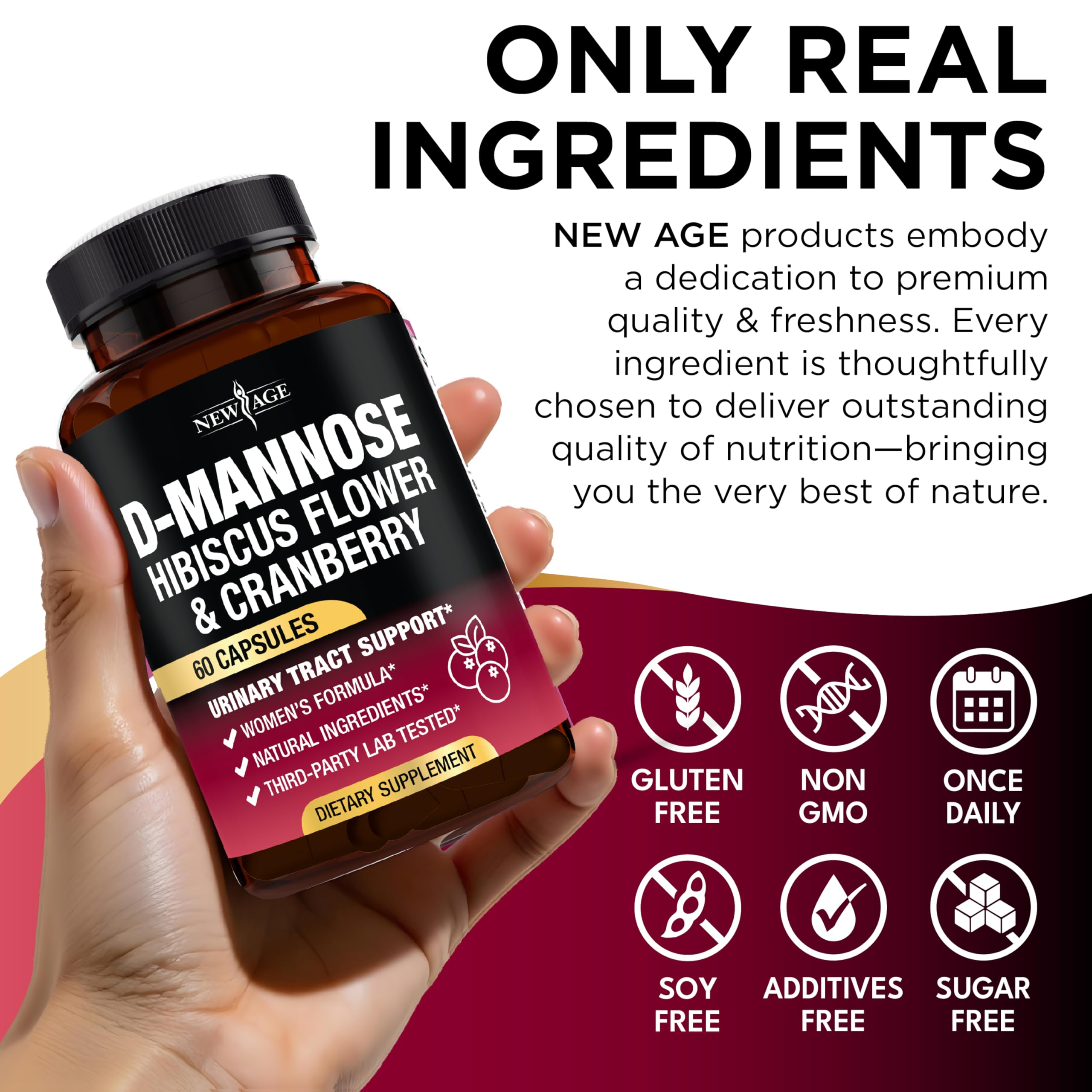 New Age D-Mannose packaging side view communicates USA-made quality.