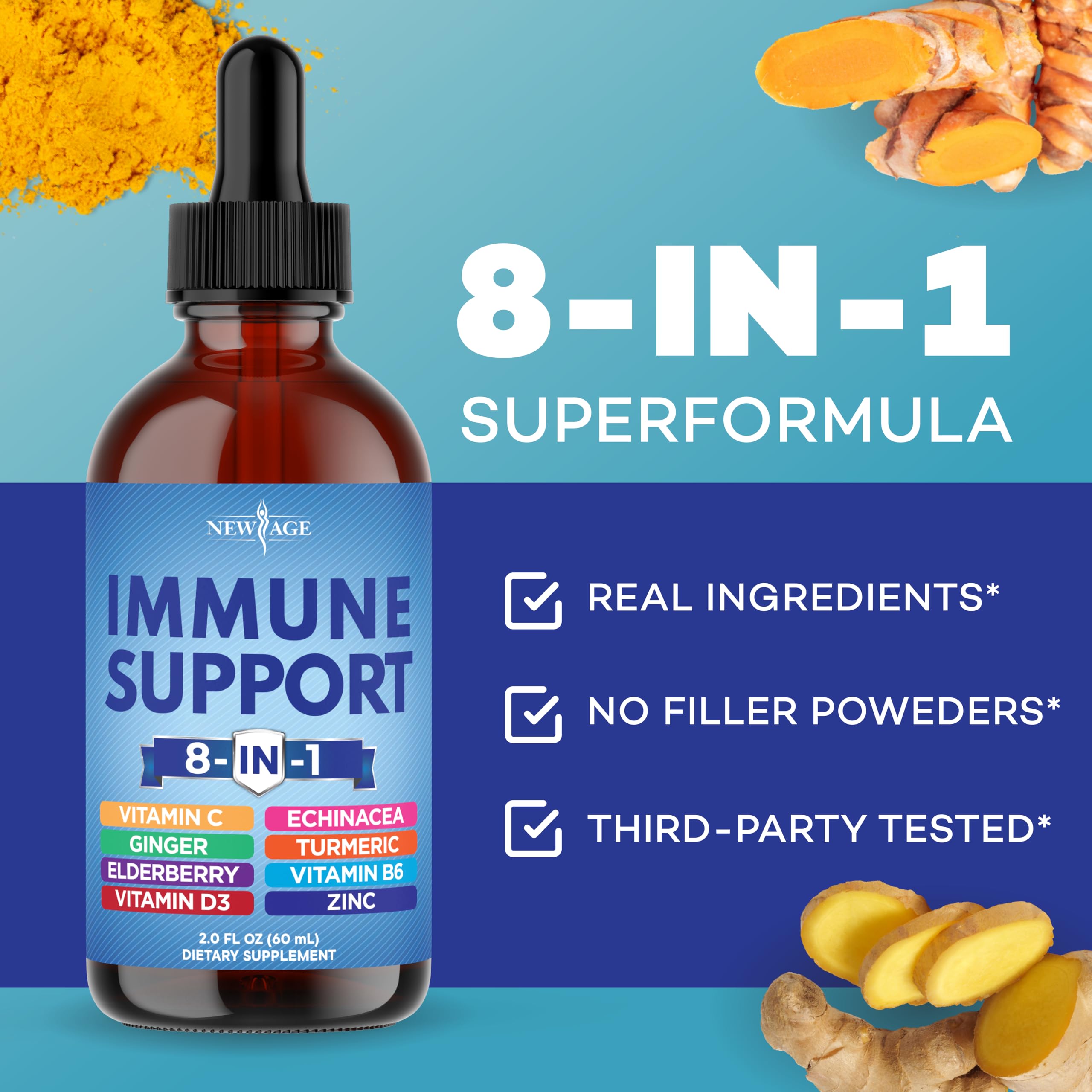 New Age daily immune support bottle label emphasizes product details.
