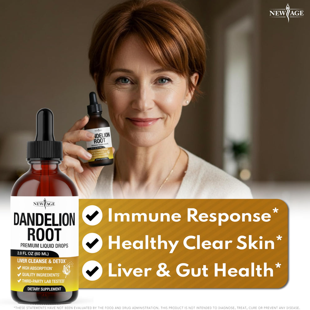Close-up of NEW AGE Dandelion Root Extract Drops label highlighting vegan formula