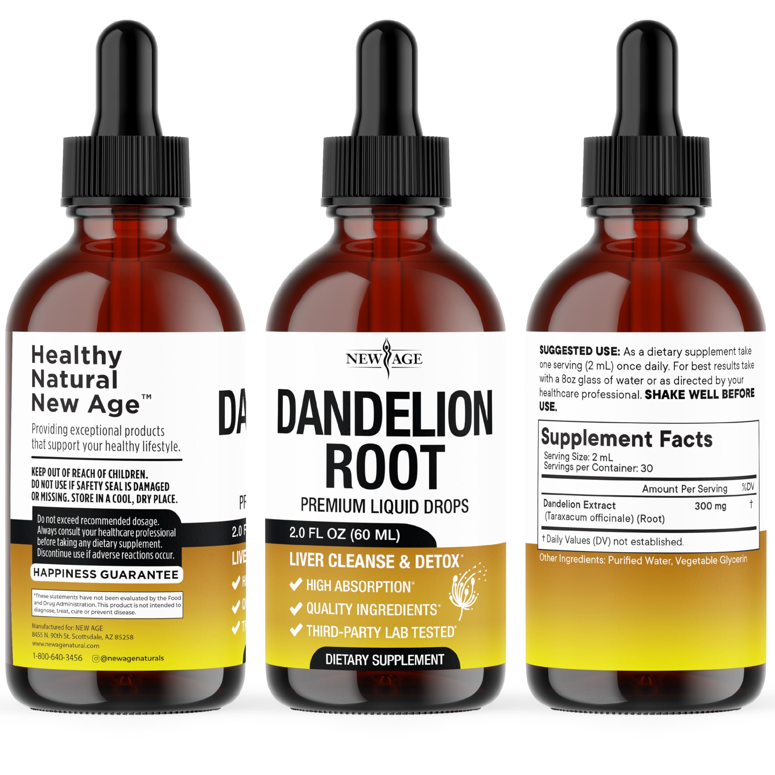 NEW AGE Dandelion Root Extract Drops packaging shows USA GMP-certified production