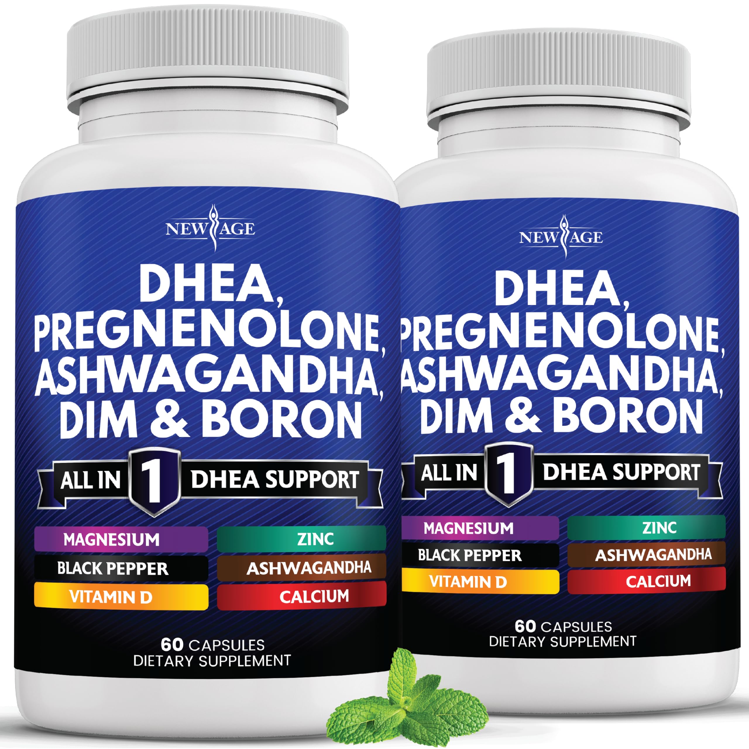 NEW AGE DHEA supplement bottle label displaying ingredients for hormonal balance.