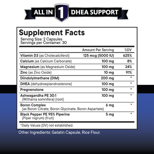 NEW AGE DHEA supplement capsules closeup highlighting vegan-friendly formula.