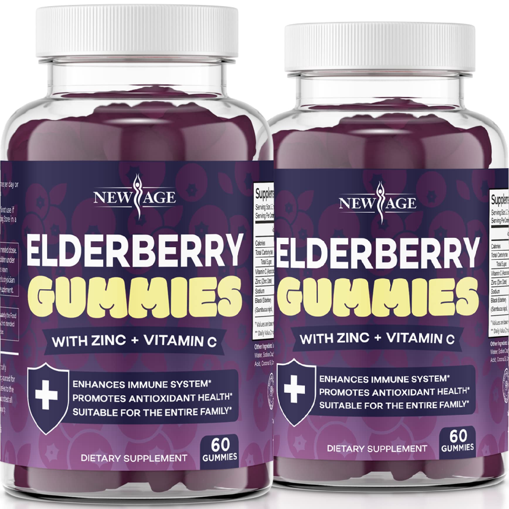 NEW AGE Elderberry Gummies bottle showing gluten-free and vegetarian formula for immunity support