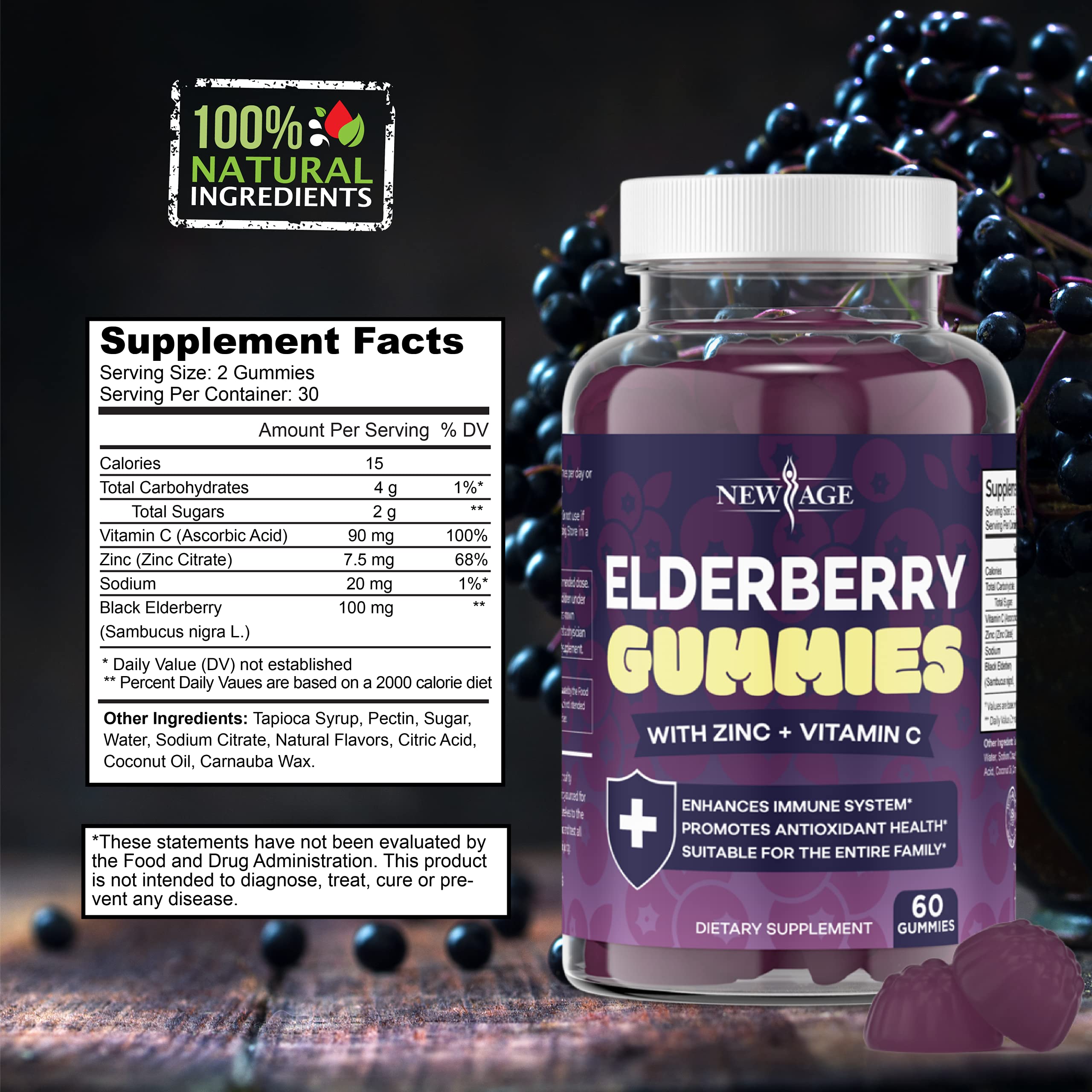 NEW AGE Elderberry Gummies gummy close-up highlighting soft texture and berry flavor