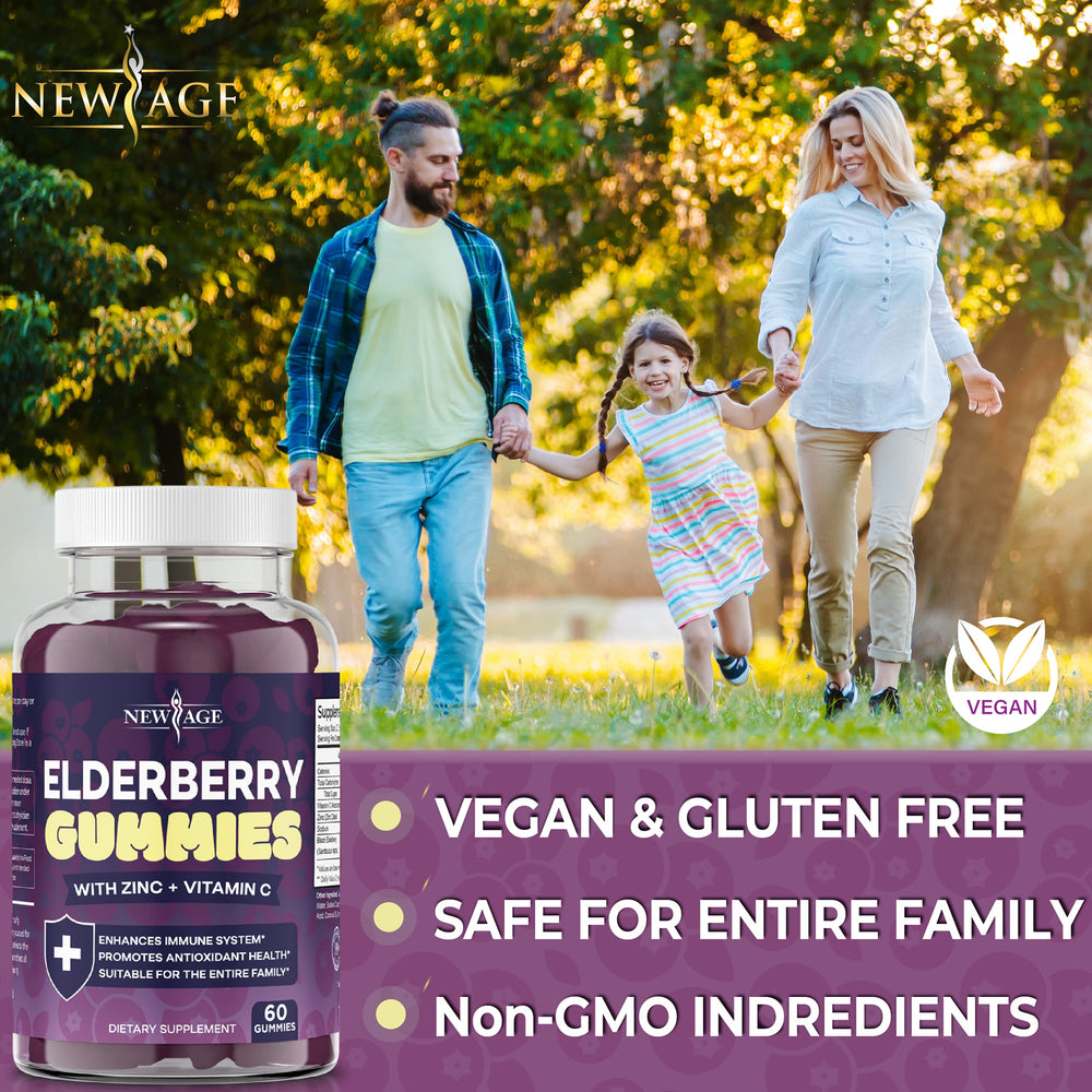 NEW AGE Elderberry Gummies nutrition label visible with clear ingredients and vegan notes