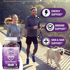 New Age Sambucus elderberry gummies close-up highlighting vitamin C and zinc