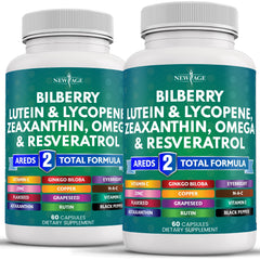 New Age Eye Health bottle with capsules for daily antioxidant support.
