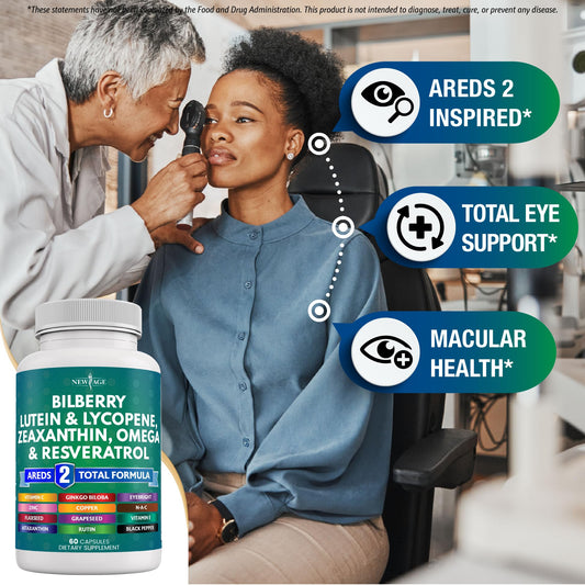 NEW AGE Eye Health lutein and zeaxanthin softgels promoting healthy eye function.