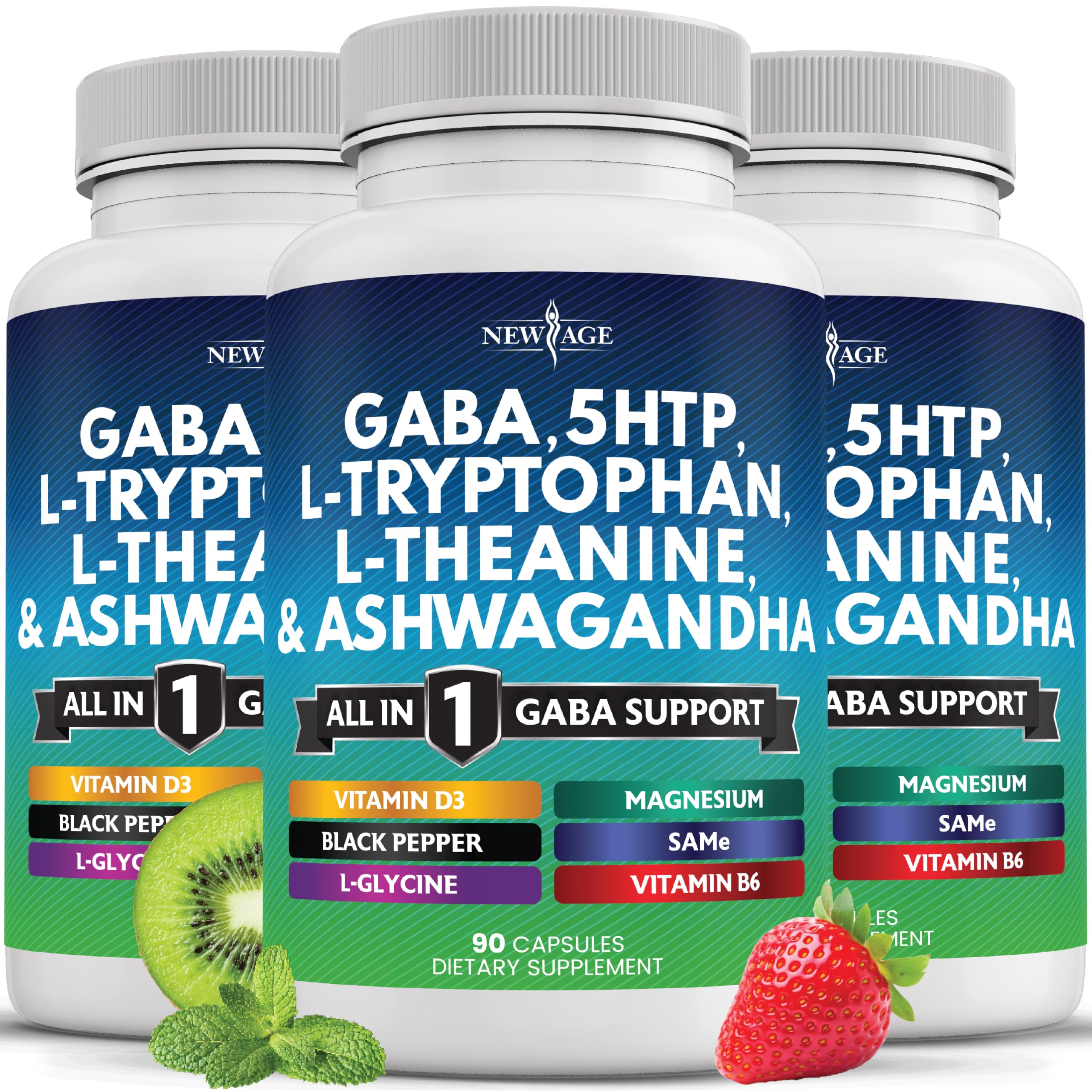 New Age GABA all-in-one powder bottle showing the complete relaxation blend for daily balance.