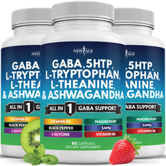New Age GABA all-in-one powder bottle showing the complete relaxation blend for daily balance.