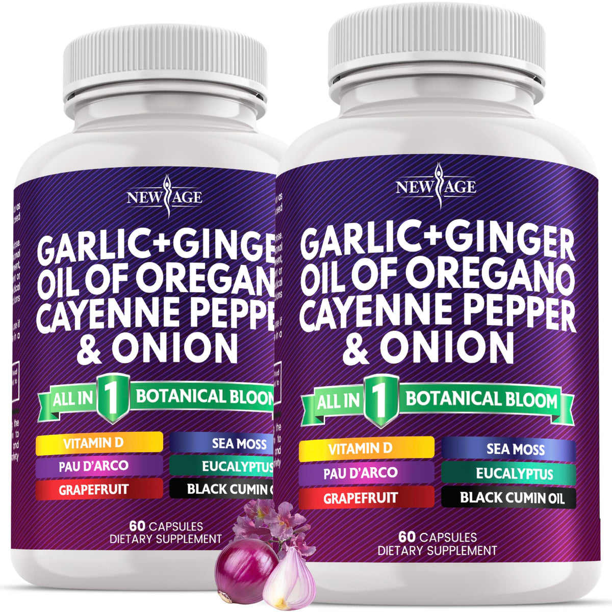 New Age garlic-ginger blend bottle closeup showing the product for daily wellness.