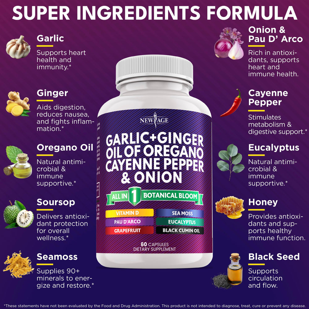 NEW AGE Garlic plus Ginger supplement bottle pouring to show easy dosing