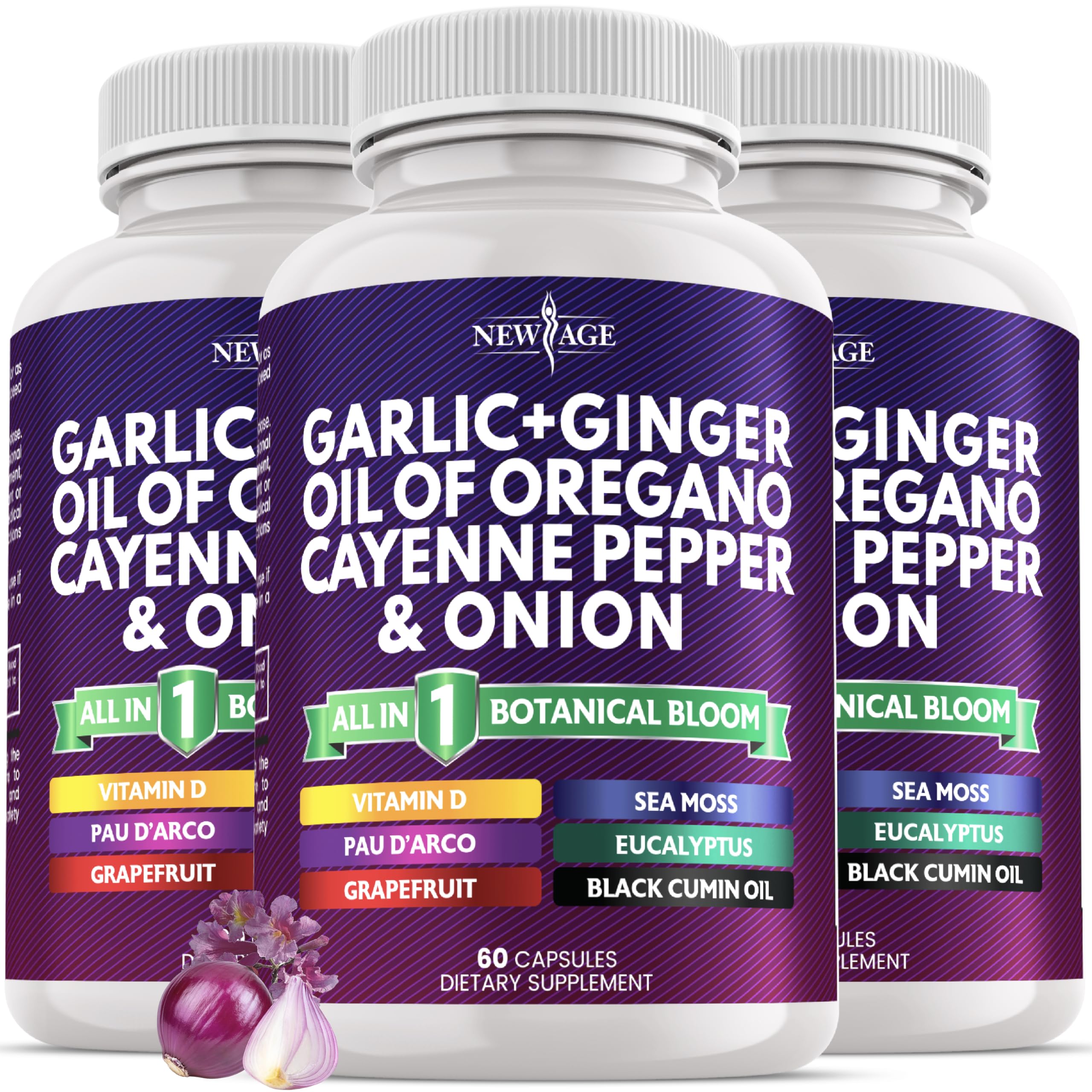 NEW AGE Garlic + Ginger supplement bottle with immune-boosting blend.