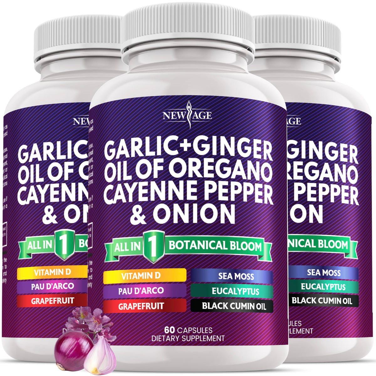 NEW AGE Garlic + Ginger supplement bottle with immune-boosting blend.