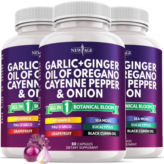 NEW AGE Garlic + Ginger supplement bottle with immune-boosting blend.