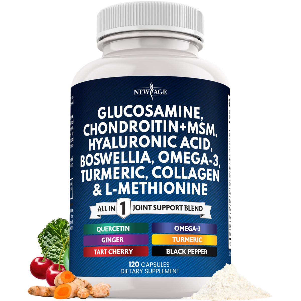 NEW AGE Glucosamine Chondroitin MSM Turmeric bottle front for joint health support