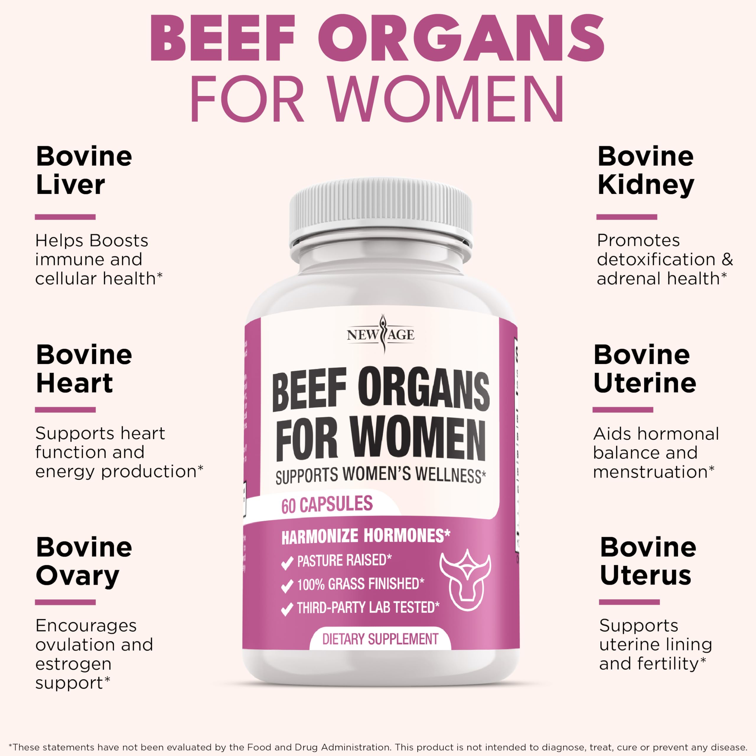 NEW AGE grass-fed beef liver capsules highlighting nutrients