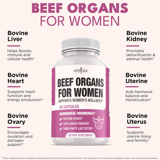 NEW AGE grass-fed beef liver capsules highlighting nutrients