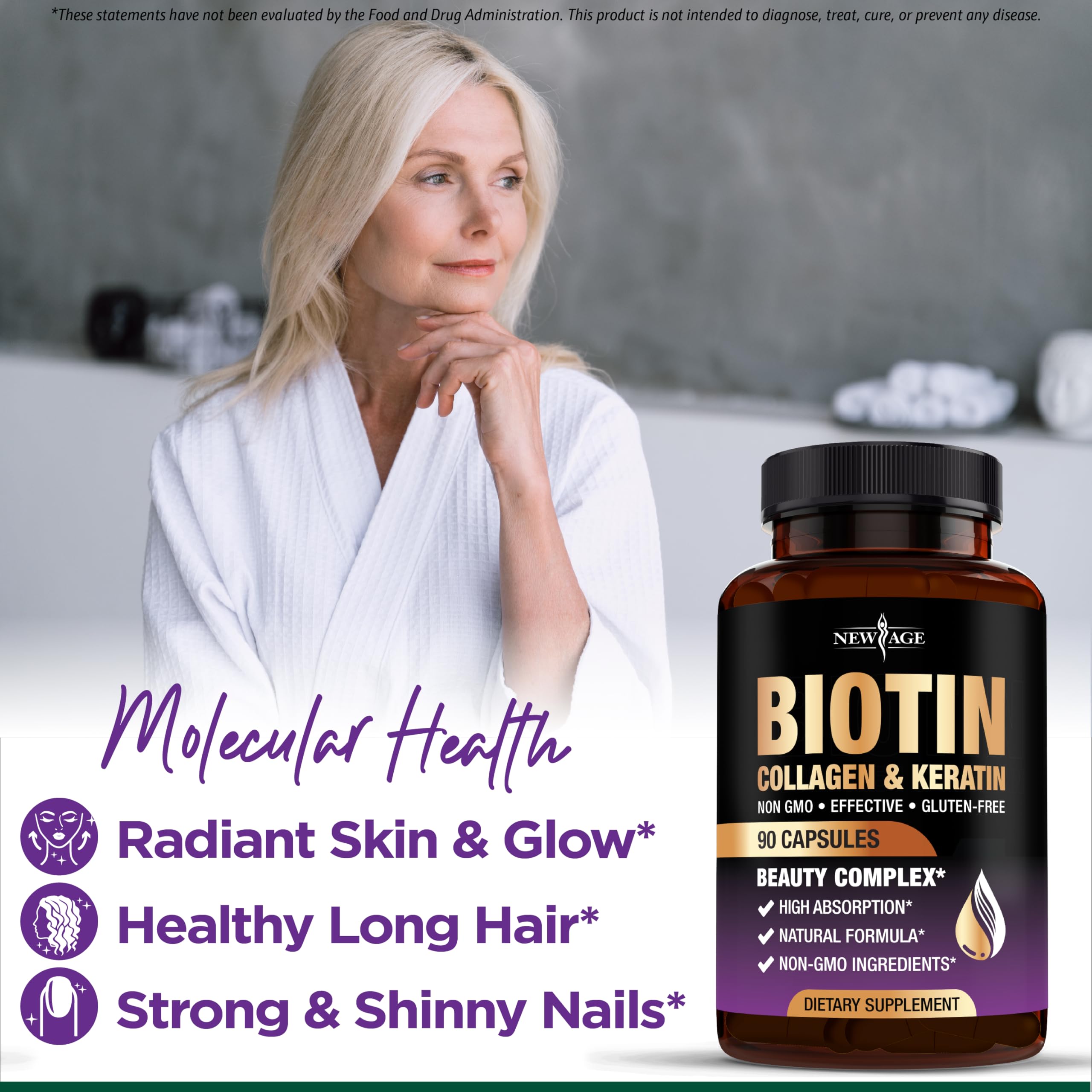 NEW AGE bottle shows easy-to-swallow capsules for daily use with meals.