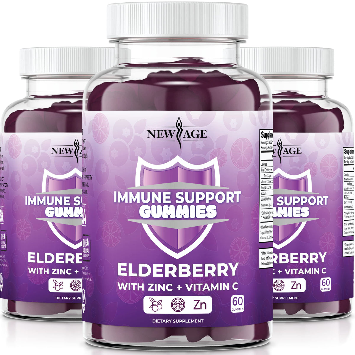 New Age Immune Gummies bottle front with berry flavor for daily support.