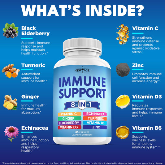 NEW AGE immune support capsules collection featuring vitamins C and D