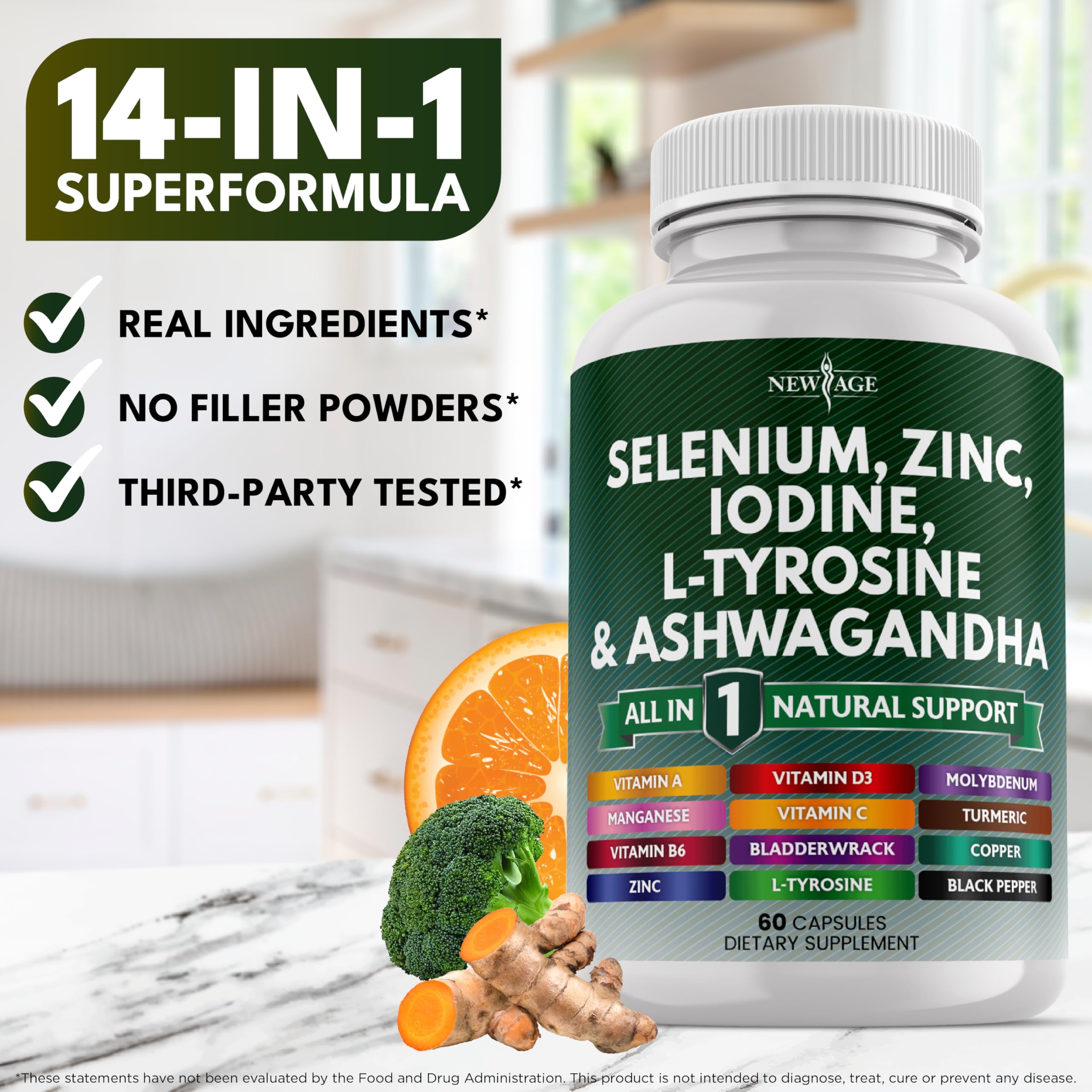 New Age bottle with ingredients list close-up for transparent formulation