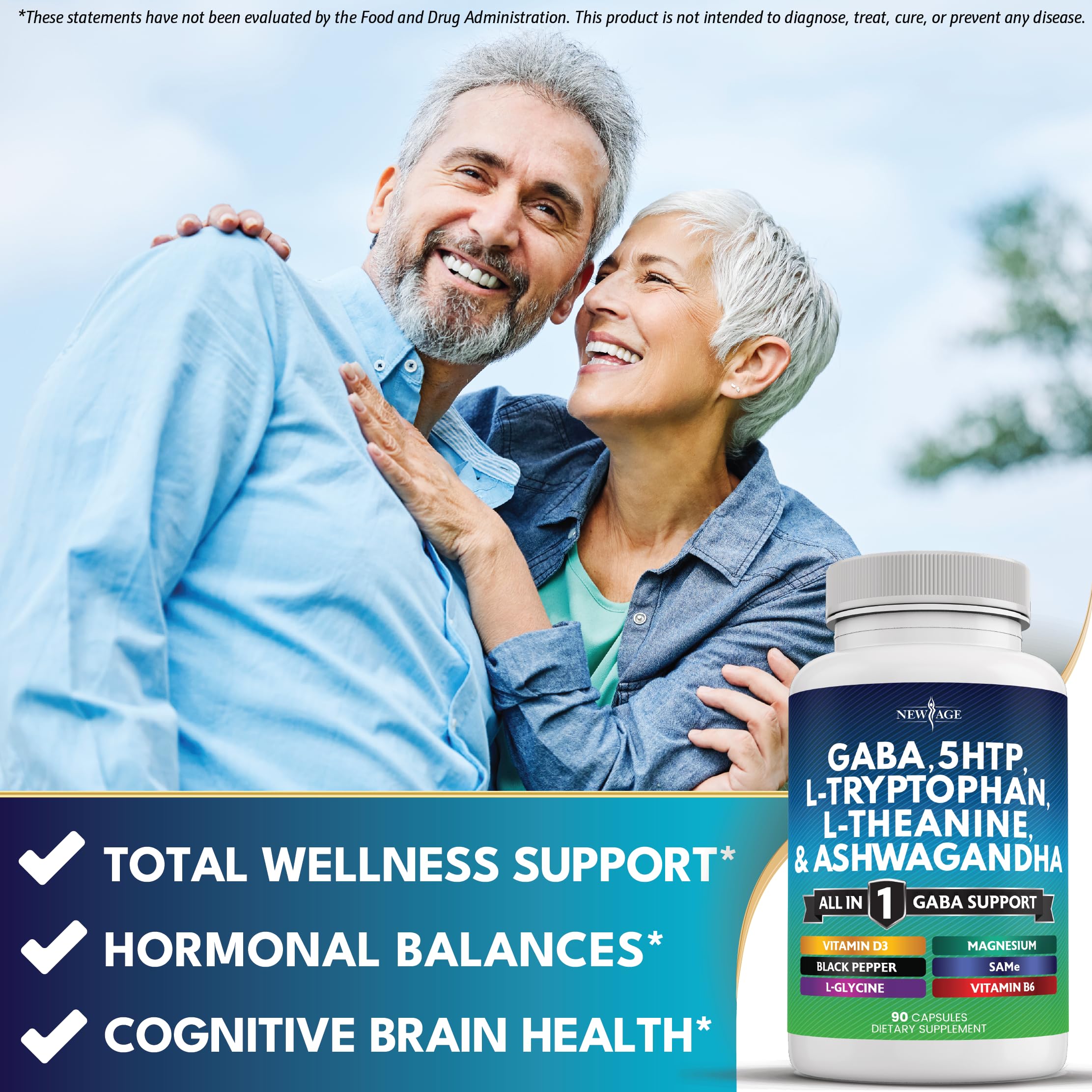 New Age L-theanine 200mg powder container emphasizing quick calm and focus.