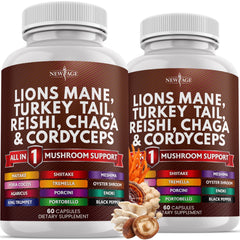 NEW AGE Lions Mane supplement bottle with two capsules, ideal for daily focus support