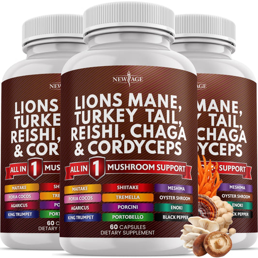 NEW AGE Lions Mane bottle with capsules for daily focus support.