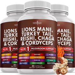 NEW AGE Lions Mane bottle with capsules for daily focus support.