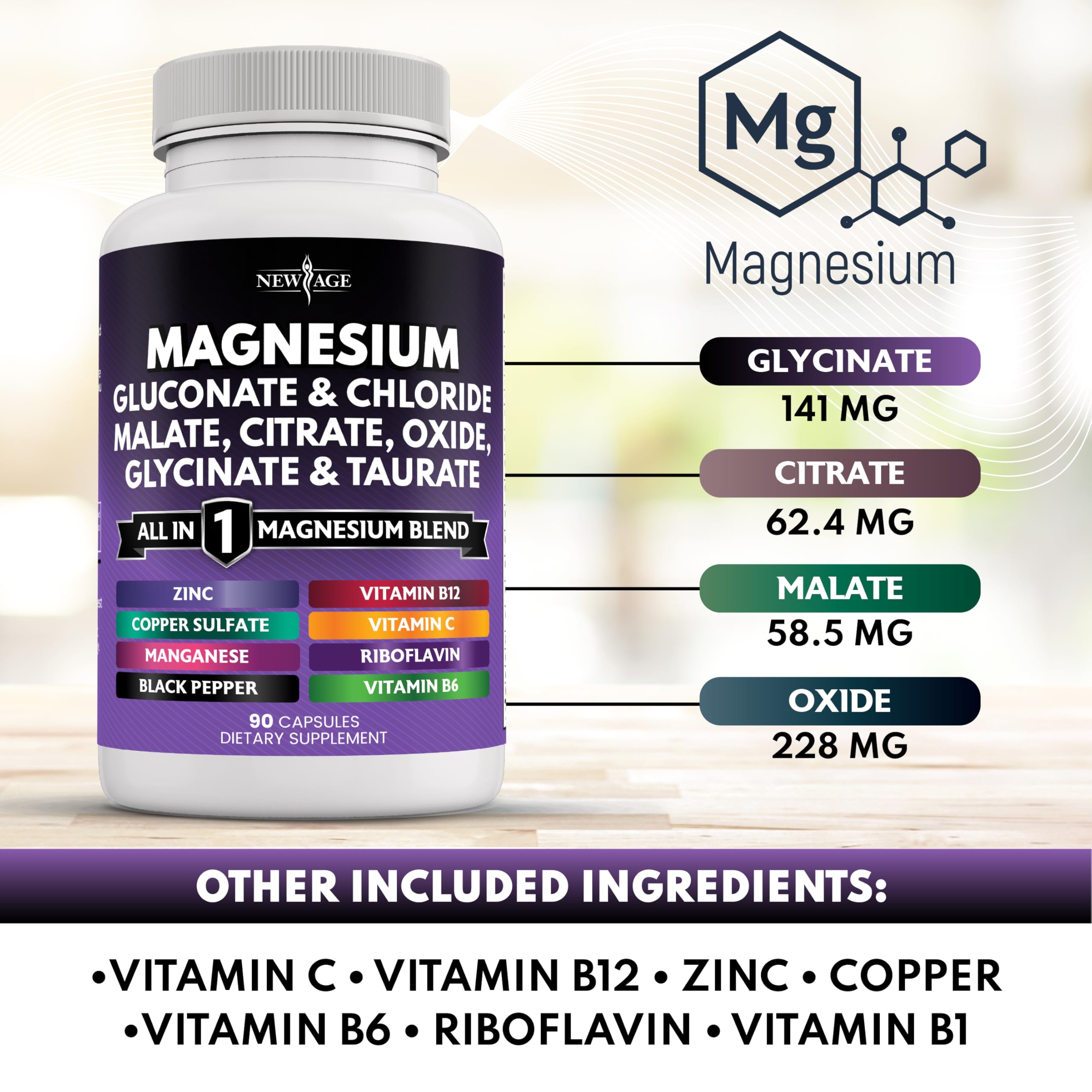New Age Magnesium capsules close-up highlighting capsules
