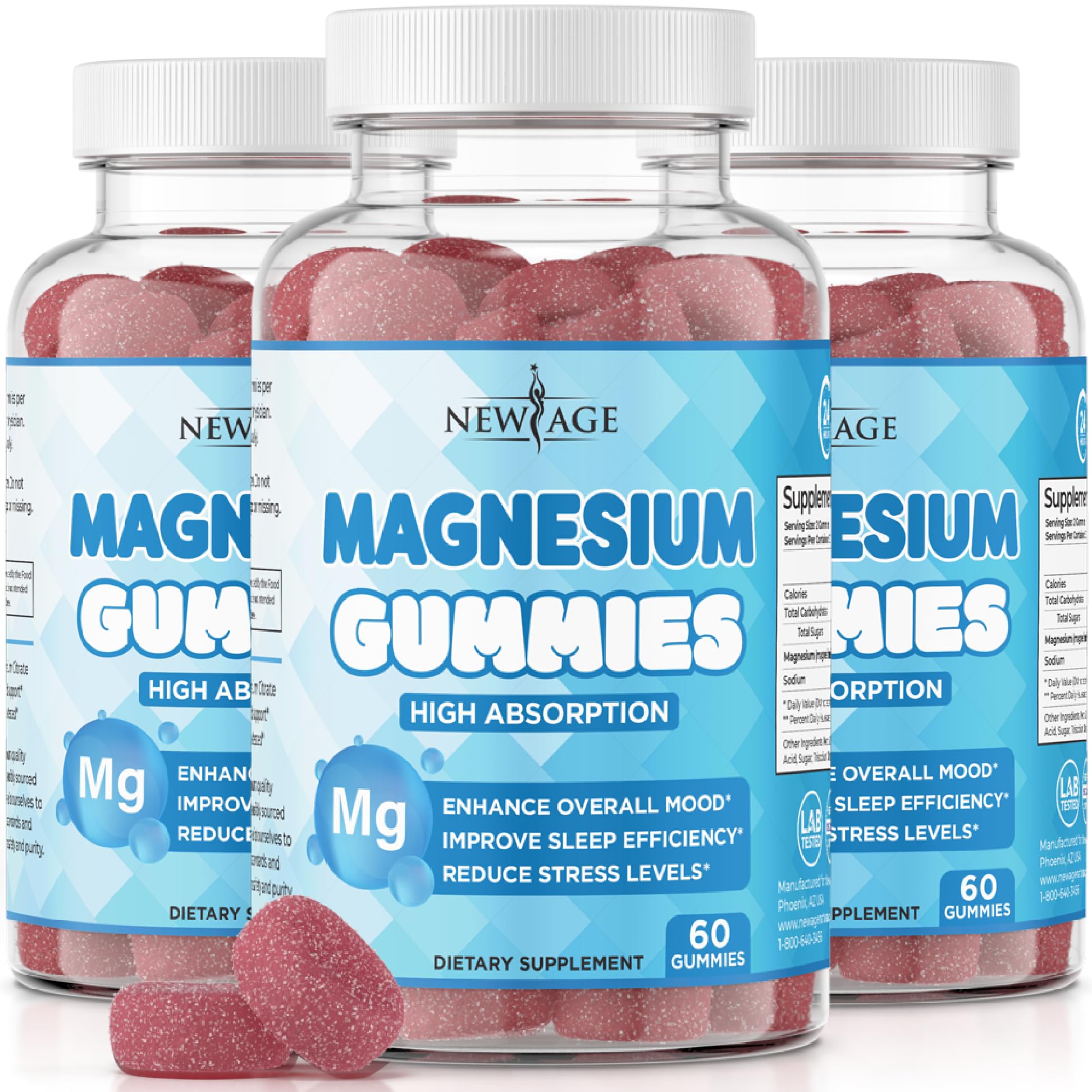 New Age Magnesium Gummies raspberry bottle front showing calm daily support