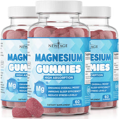 New Age Magnesium Gummies raspberry bottle front showing calm daily support