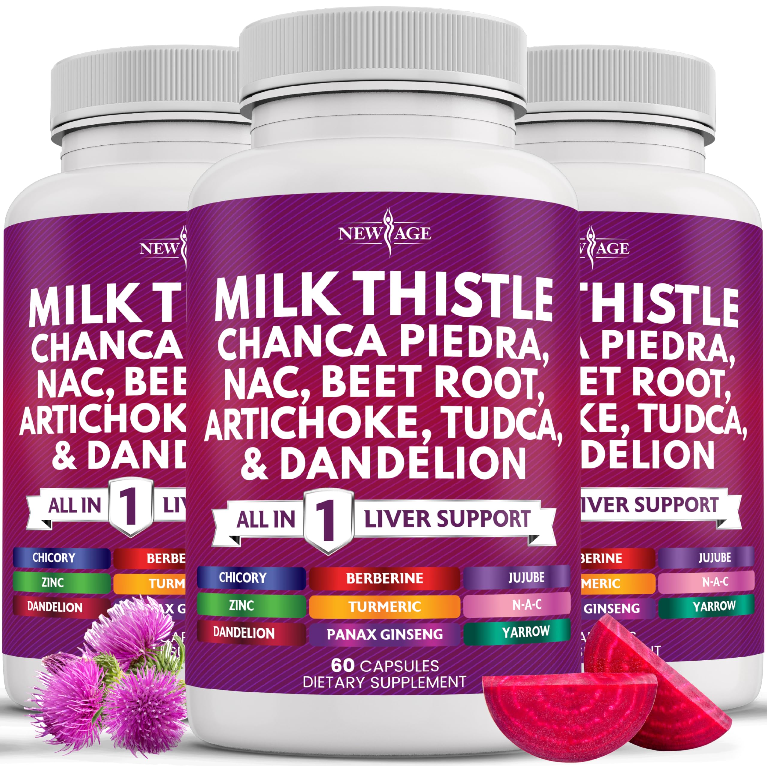NEW AGE bottle pouring milk thistle NAC chanca piedra for daily liver wellness.