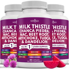 NEW AGE bottle pouring milk thistle NAC chanca piedra for daily liver wellness.