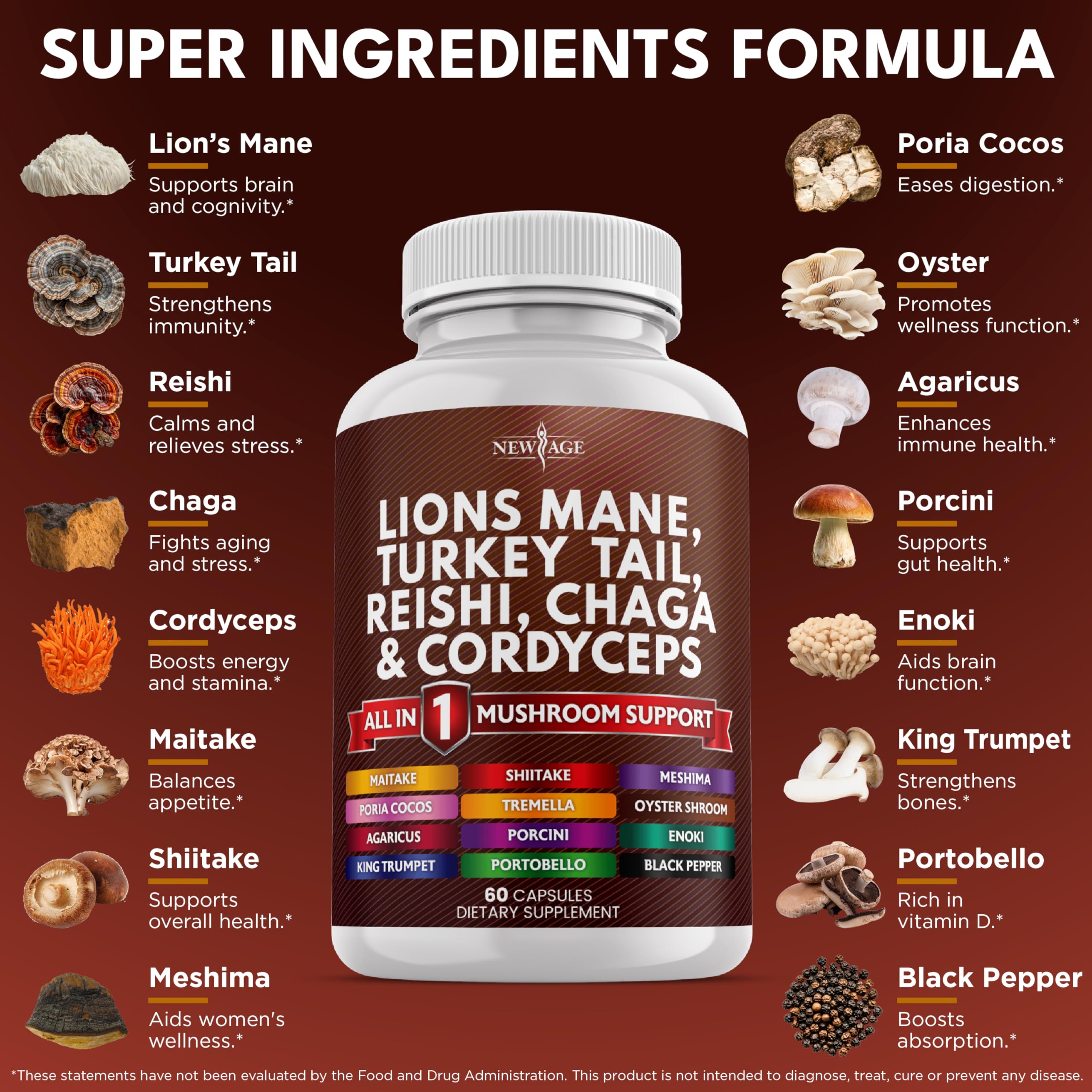 NEW AGE Mushroom blend capsules close-up, showcasing 20+ ingredients for versatile daily use
