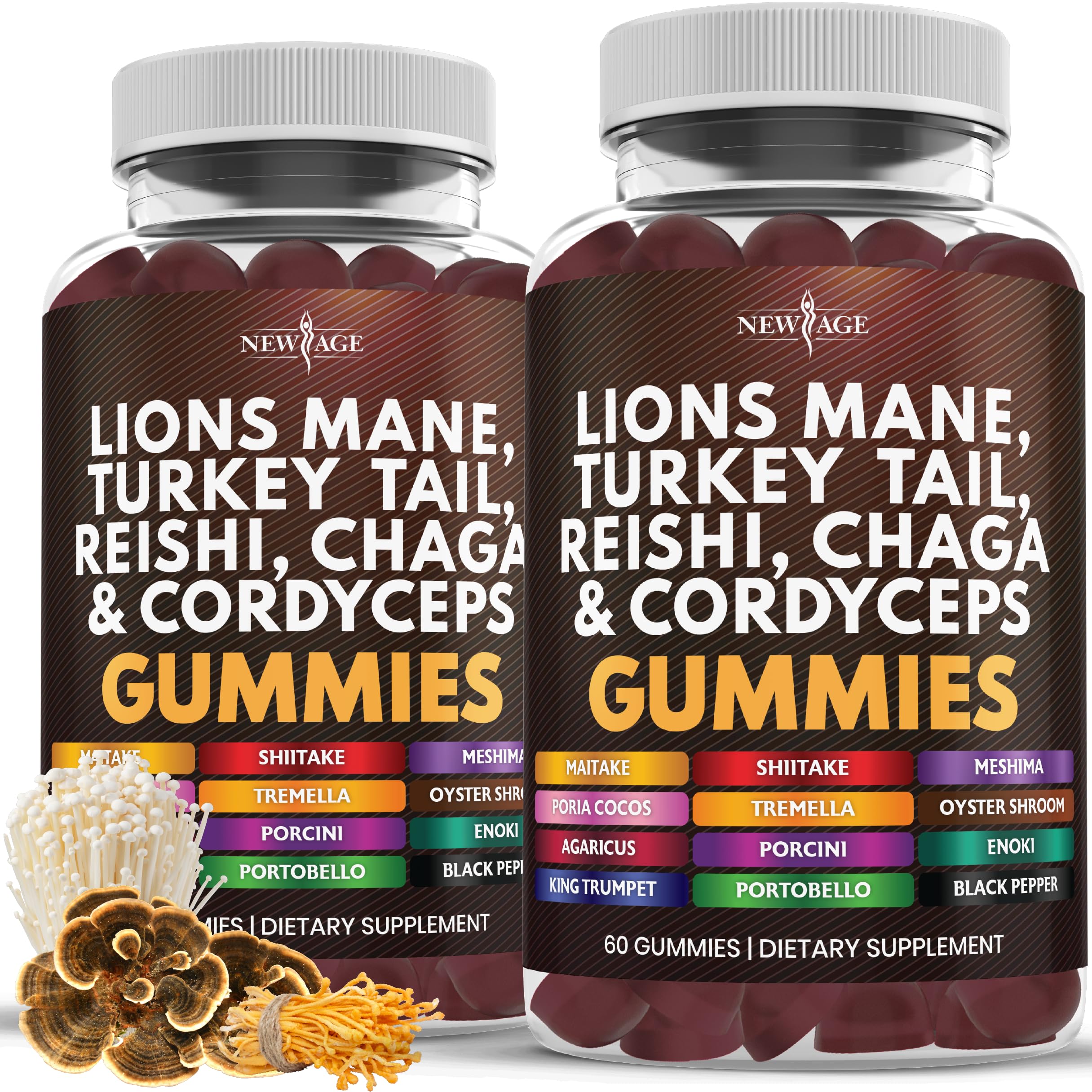 NEW AGE Mushroom Lion's Mane Gummies bottle highlights a potent immune-support blend
