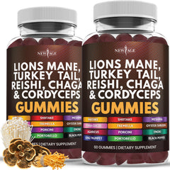 NEW AGE Mushroom Lion's Mane Gummies bottle highlights a potent immune-support blend
