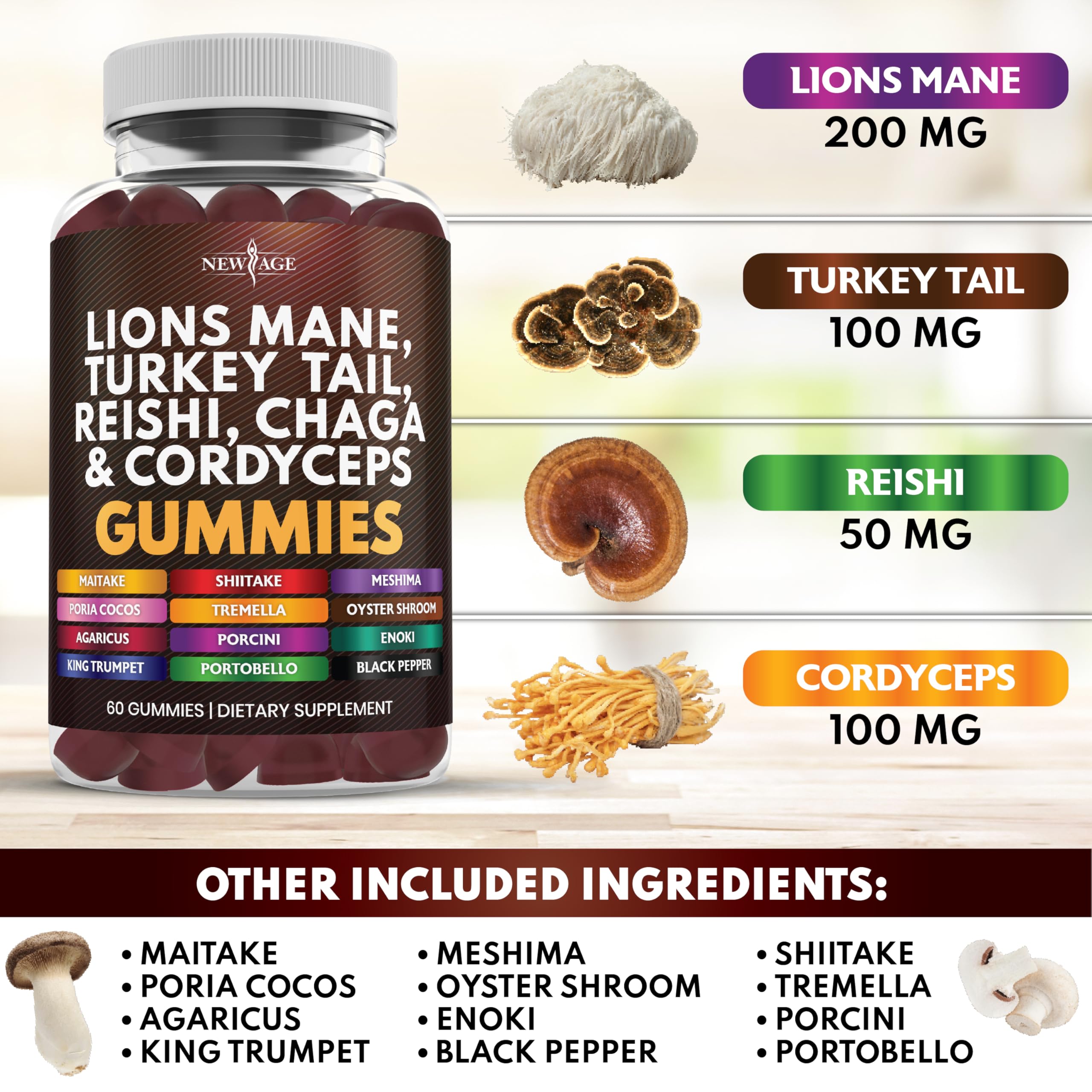 Close-up of NEW AGE Lion's Mane Gummies showing chewy texture for easy daily intake.