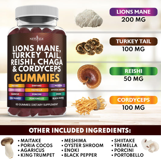 Close-up of NEW AGE Lion's Mane Gummies showing chewy texture for easy daily intake.