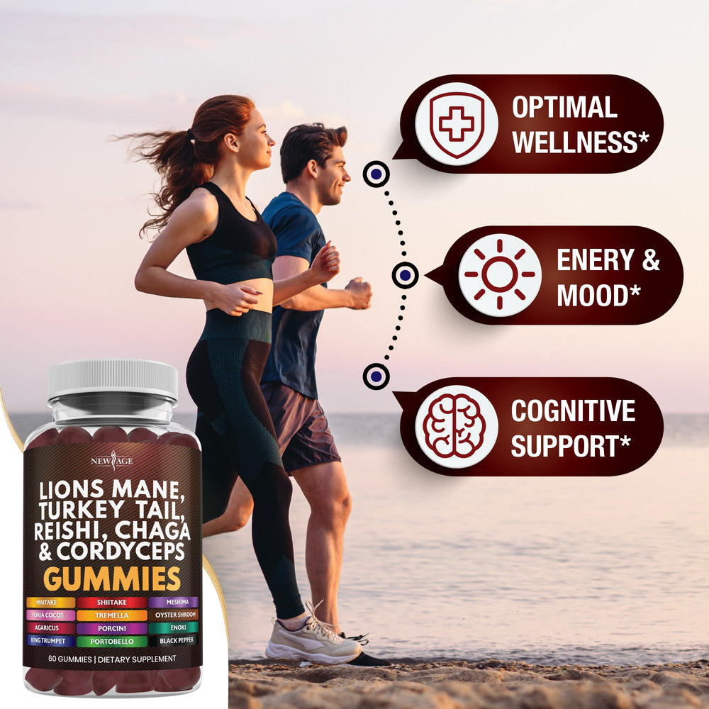 NEW AGE Reishi Chaga gummies bottle image conveys calm, steady resilience