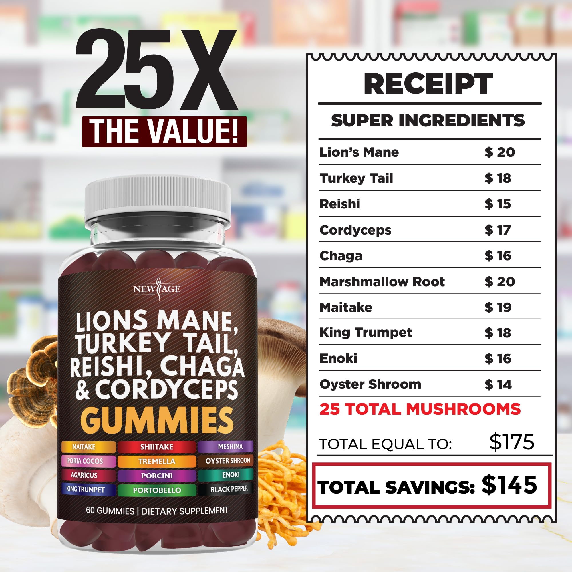 NEW AGE Reishi and Cordyceps gummies close-up reinforcing potential energy and balance.
