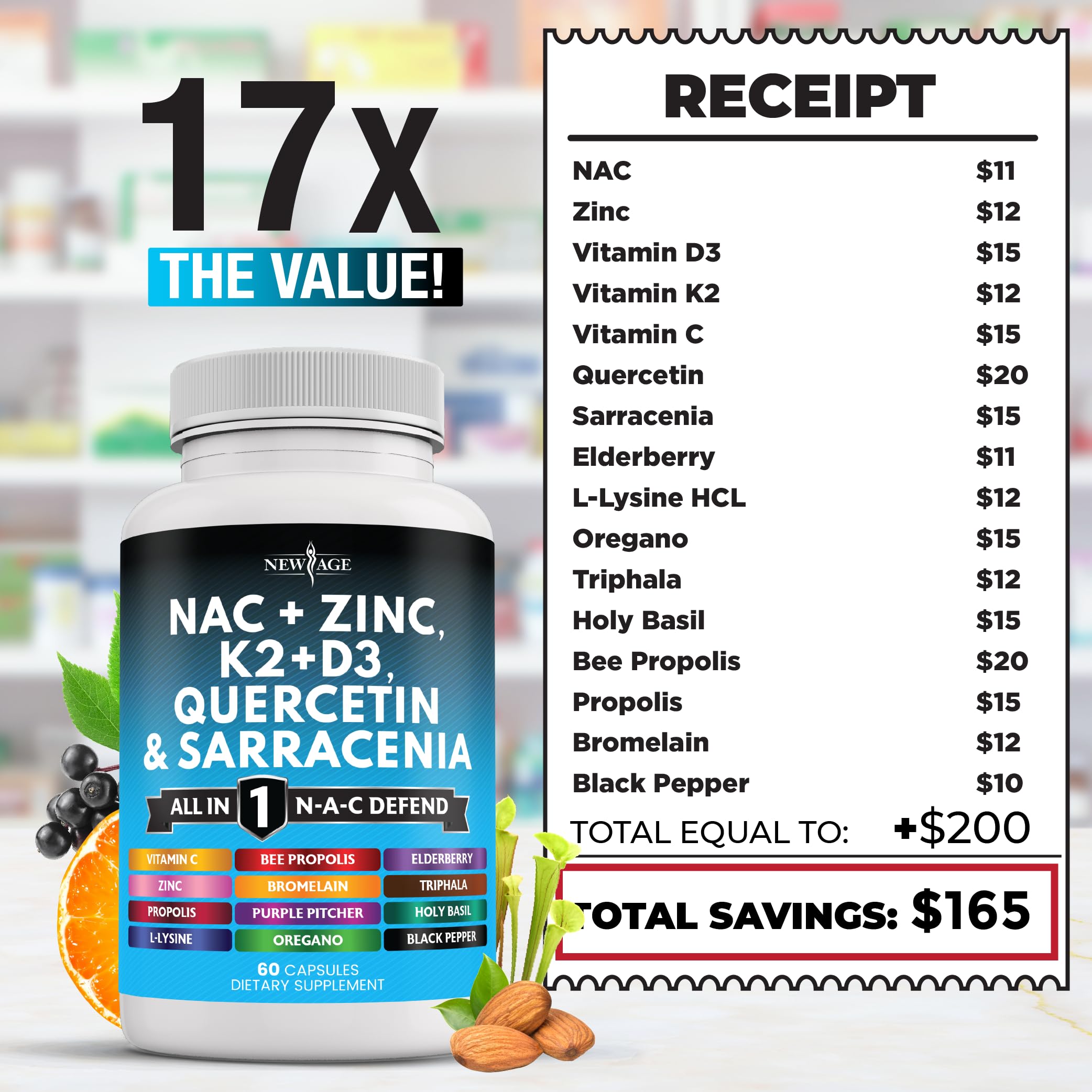 NEW AGE NAC capsule blend including bromelain and L-lysine for variety.