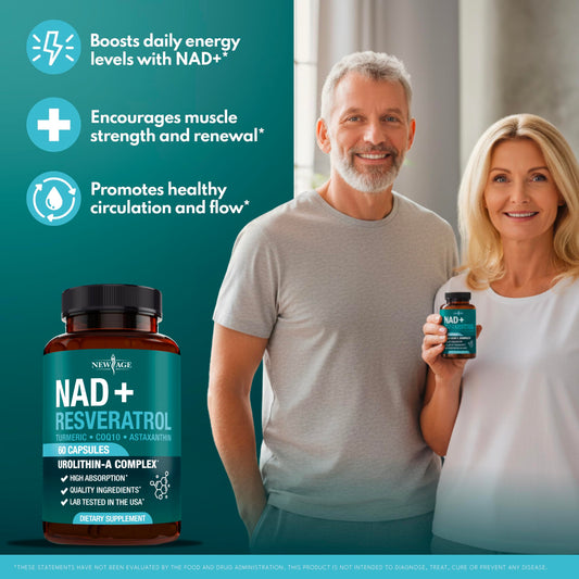 Close-up of NEW AGE NAD+ capsules ready for daily use.