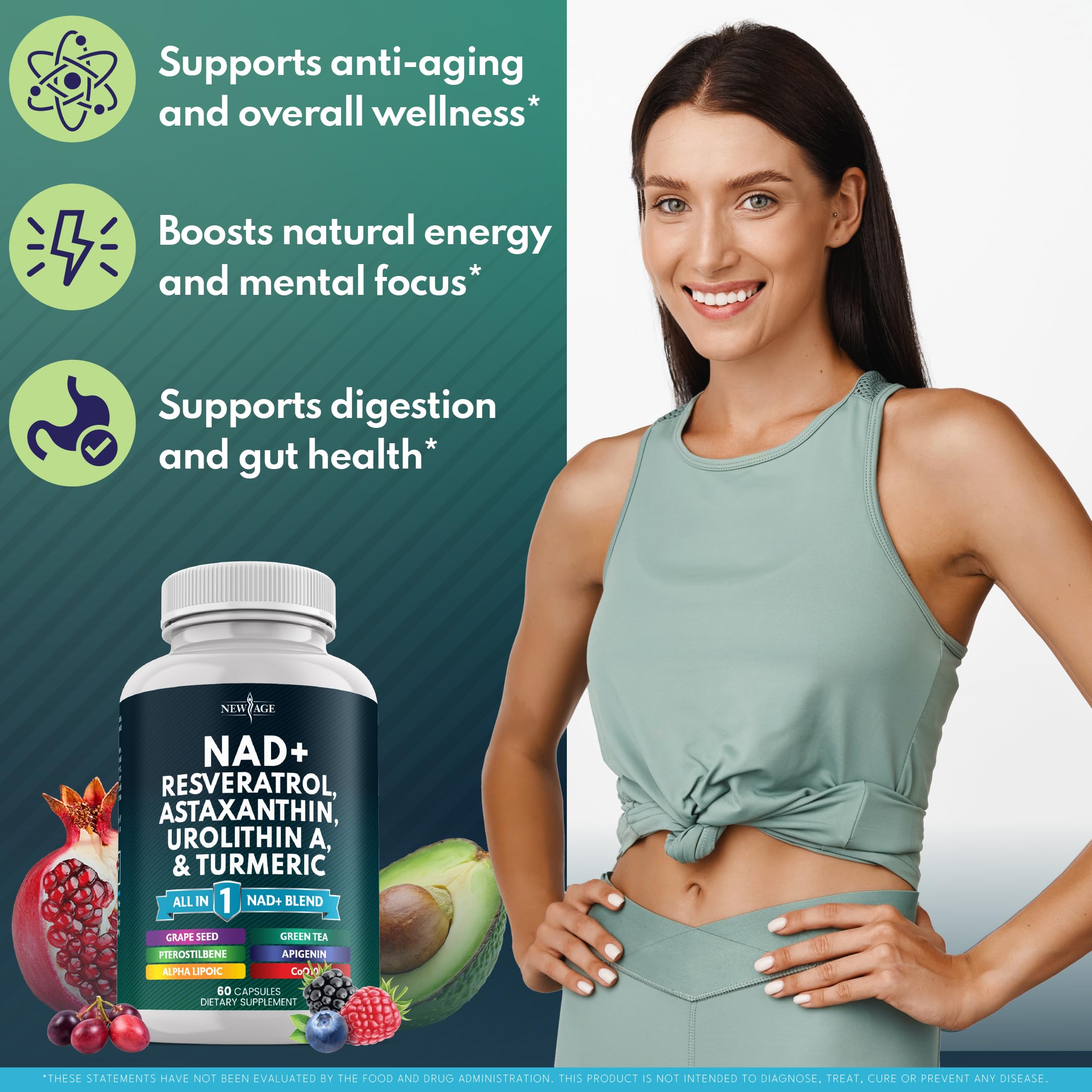 NEW AGE NAD+ astaxanthin complex indicating antioxidant power.