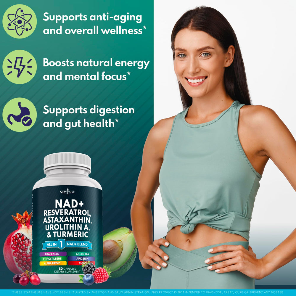 NEW AGE NAD+ astaxanthin complex indicating antioxidant power.